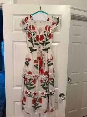 White Maxi Dress with Red Floral Embroidery